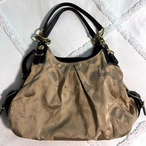 Authentic Coach Signature Op Art Hobo Handbag, Khaki/Burgundy